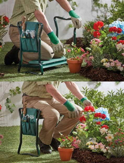 Un jardinier utilisant un banc agenouilloir pliable dans un potager ensoleillé