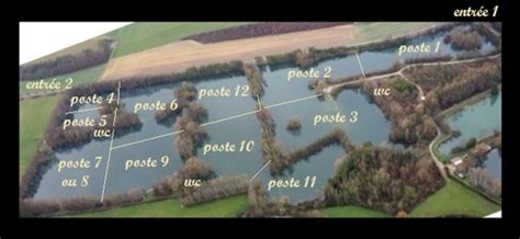 Schéma technique illustrant la disposition des cinq postes de pêche autour de l'étang