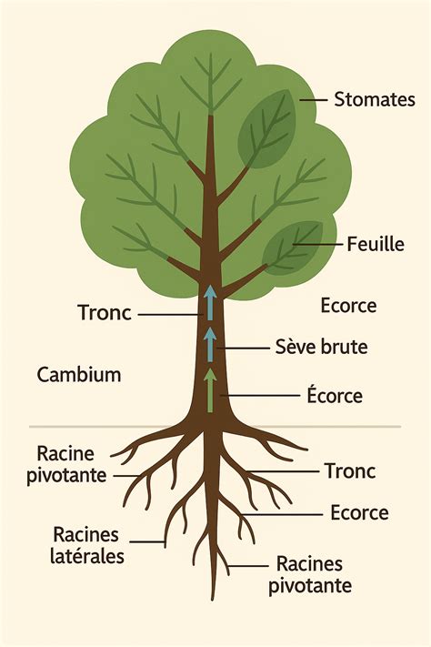 Schéma illustrant les parties d'un arbre : racines, tronc, branches, feuilles, bourgeons et fruits