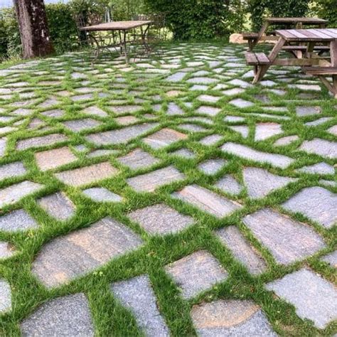 Exemple d'une allée pavée en opus incertum avec joints enherbés