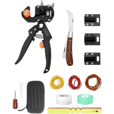 Assortiment d'outils de greffage (sécateur, greffoir, ruban de greffage)