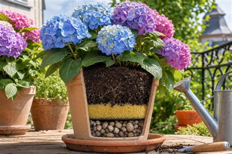 Hortensias en pot sous voile d'hivernage
