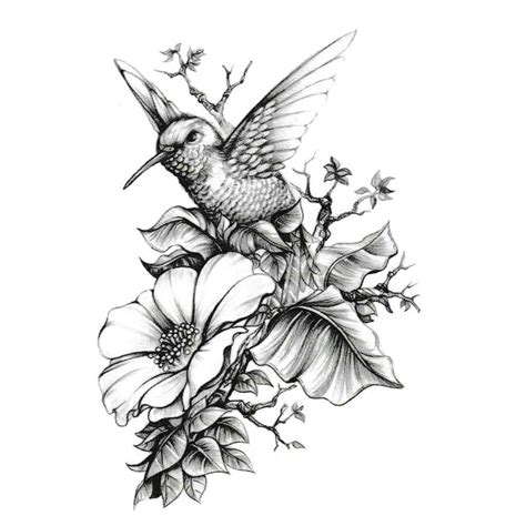 Dessin de tatouage éphémère colibri et fleur d'hibiscus en noir et blanc