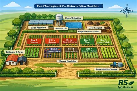 Plan d'une ferme maraîchère bio avec rotation des cultures et haies