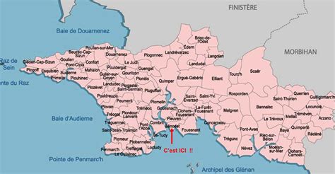 Carte du Finistère Sud avec les plages de Fouesnant et Bénodet mises en évidence