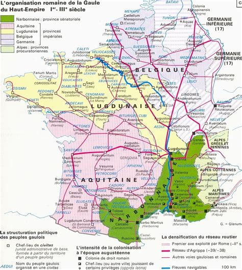 Carte des voies romaines et des premières implantations viticoles en Gaule