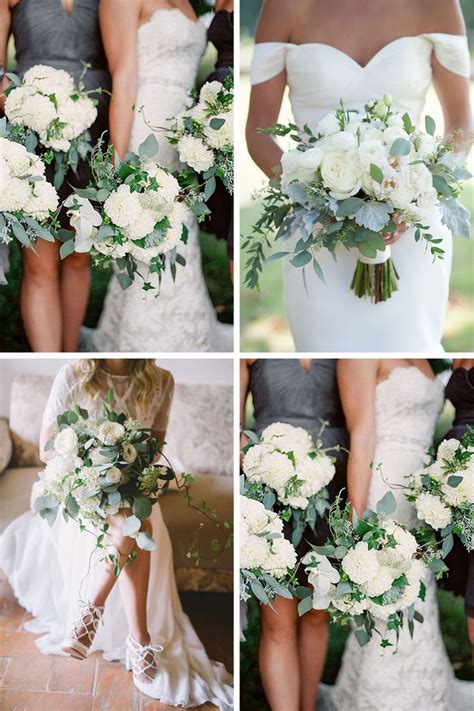 Bouquet de mariée mêlant eucalyptus et hortensias blancs