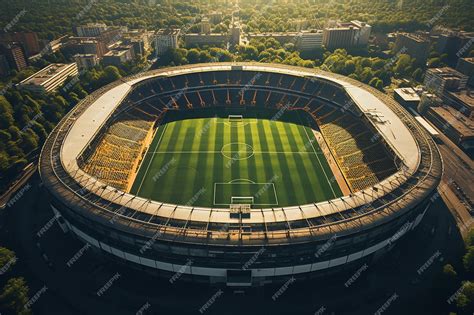 Vue aérienne d'un stade de football moderne avec une pelouse hybride parfaitement entretenue