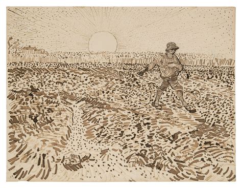 une illustration classique représentant un semeur dans un champ au lever du soleil