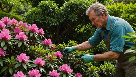 jardinier observant la santé d'un rhododendron