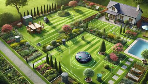 Vue aérienne schématique d'un jardin divisé en deux zones avec robot tondeuse