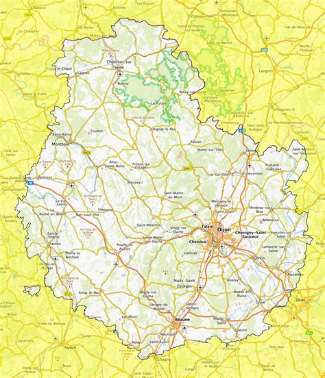 Carte topographique des zones forestières productives en Côte d'Or