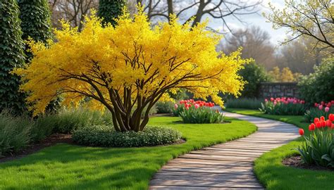 Un massif d'arbustes printaniers avec un Forsythia en fleur, entouré de tulipes et de narcisses.