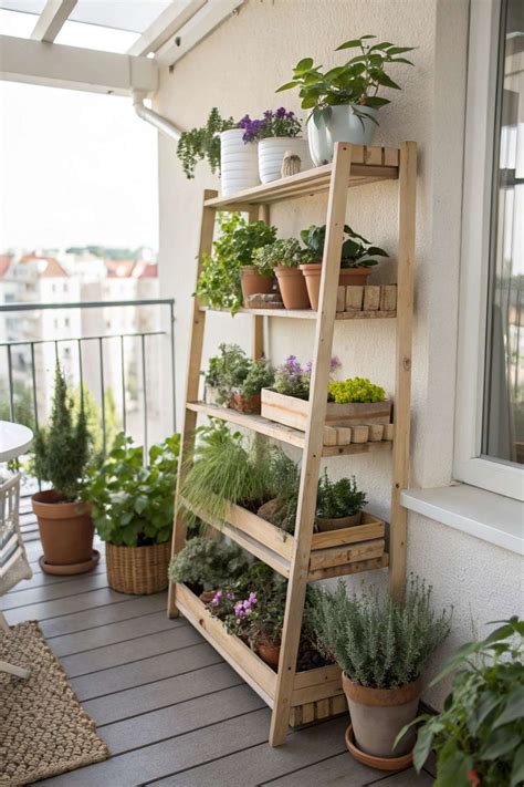 Aménagement de balcon avec étagères à plantes
