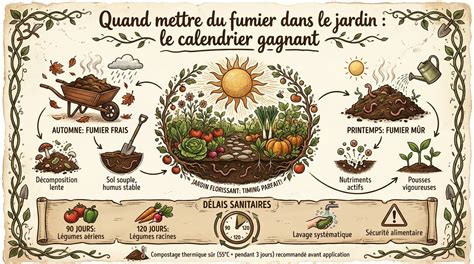 Infographie montrant le calendrier idéal pour l'épandage du fumier au potager selon la saison