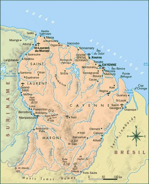 Carte historique de la Guyane au XIXe siècle montrant le fleuve Maroni et les zones d'exploration