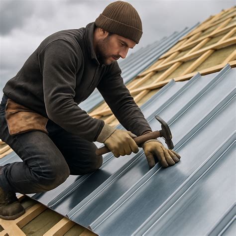 Un couvreur utilisant une plieuse pour façonner une feuille de zinc