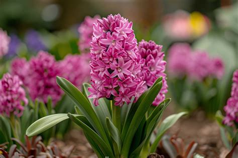 Jardin fleuri avec des jacinthes et des tulipes en pleine terre