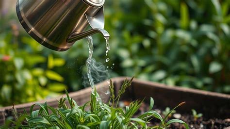 Personne versant de l'eau bouillante sur des racines