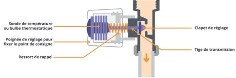 Schéma de fonctionnement d'une tête thermostatique avec son bulbe à cire