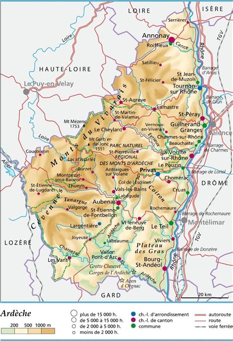 Carte géographique de l'Ardèche mettant en avant la région de Largentière et les points d'intérêt touristiques aux alentours