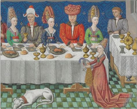 Reproduction d'un tableau représentant un banquet médiéval avec du pain d'épice