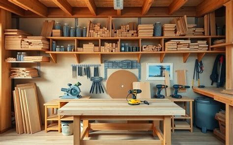Illustration d'un atelier de menuiserie propre avec des copeaux de bois fraîchement rabotés