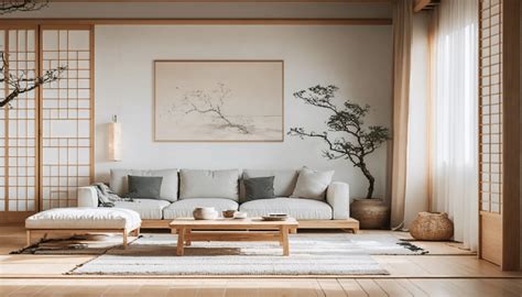 un salon décoré dans le style Japandi avec une plante ZZ et des tons neutres