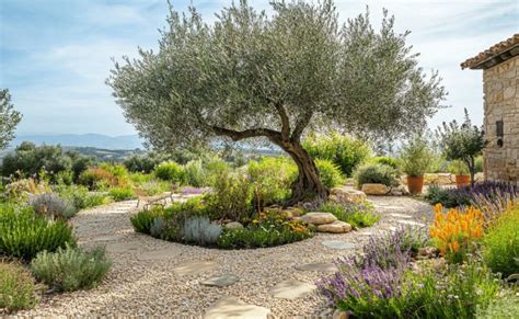 jardin méditerranéen avec un figuier, des lavandes et un olivier