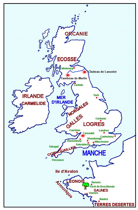 Carte des lieux légendaires liés à la légende de Tristan en Cornouailles
