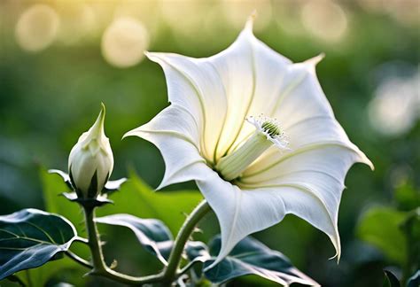 Illustration du Datura stramoine, avec ses grandes fleurs blanches et ses fruits épineux, dans un champ cultivé.