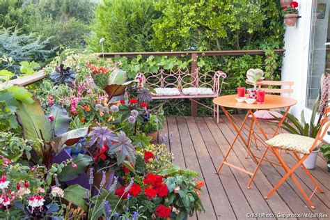une terrasse fleurie avec diverses jardinières colorées