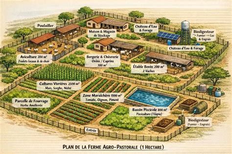 plan schématique d'une ferme de cueillette avec différentes zones de cultures