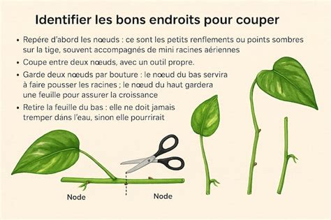 Prélèvement de boutures de pothos avec nœuds et racines aériennes