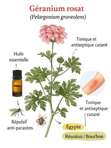 Schéma des propriétés dermatologiques de l'huile essentielle de géranium rosat