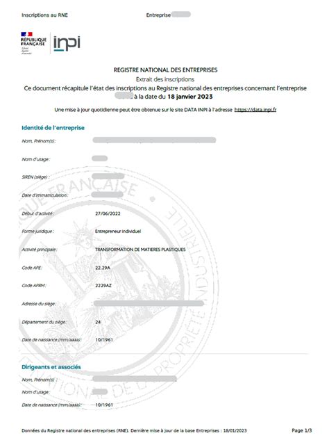 Extrait du Registre National des Entreprises