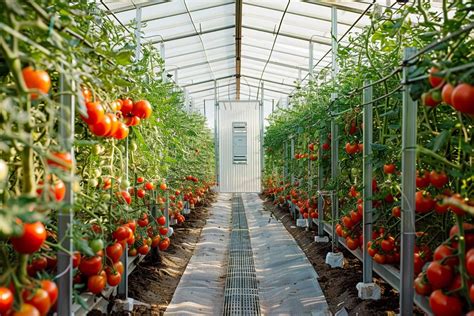Vue intérieure d'une serre avec des plants de tomates tuteurés verticalement