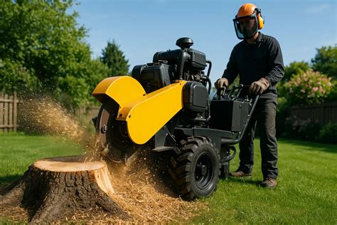 Photo d'une rogneuse de souche en action sur une souche de bois dur