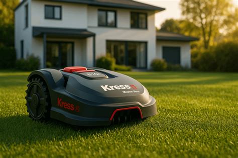 Robot tondeuse Kress en action dans un jardin