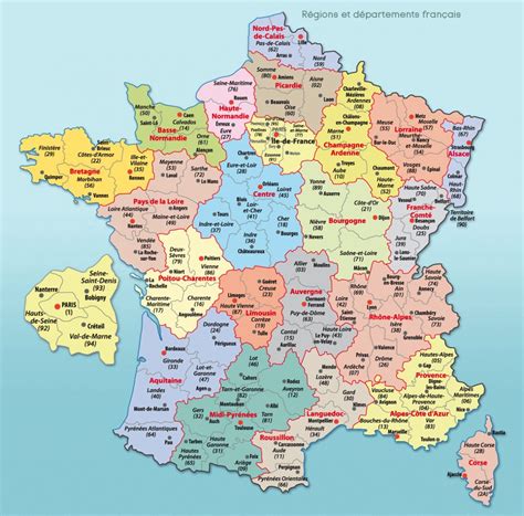 carte de France avec les départements et leurs préfectures