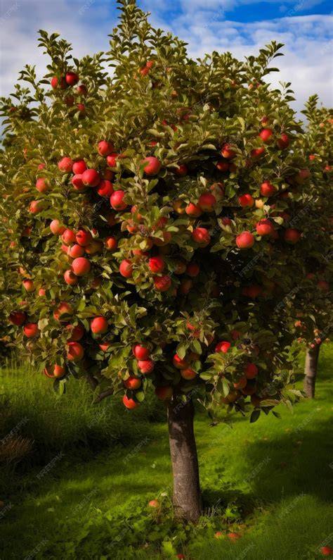 Illustration onirique d'une pomme dorée sur un arbre fruitier