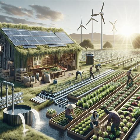 Illustration d'une ferme moderne et durable avec des champs verdoyants et des panneaux solaires.