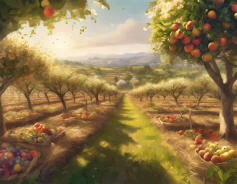 une personne récoltant des fruits dans un verger au petit matin avec une brouette