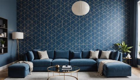 une pièce de vie lumineuse décorée avec un papier peint bleu profond et des touches de plantes vertes