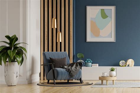 un salon moderne avec un panoramique bleu et des plantes vertes en pot