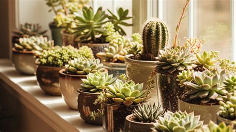 Plantes succulentes exposées sur le rebord d'une fenêtre ensoleillée