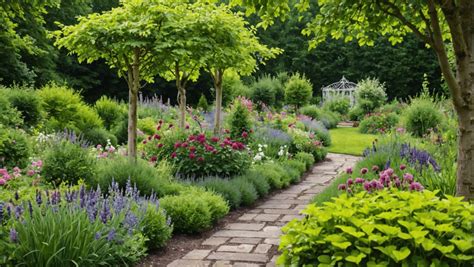 Vue panoramique d'un jardin anglais luxuriant avec des massifs fleuris et des allées sinueuses