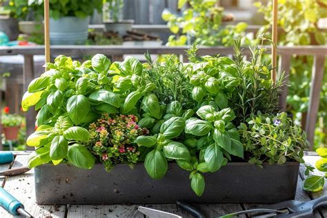 Exemple d'aménagement de jardinière avec herbes aromatiques et fleurs