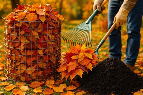 Paysage de jardin en automne avec pelouse et feuilles mortes