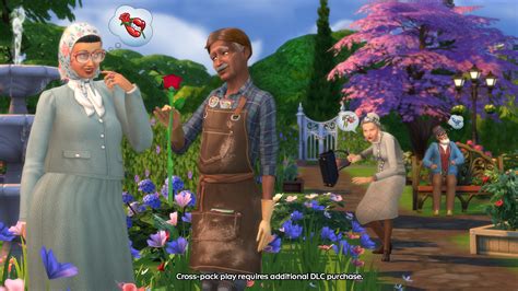 Un jardin luxuriant dans Les Sims 4 avec divers types de plantes et jardinières